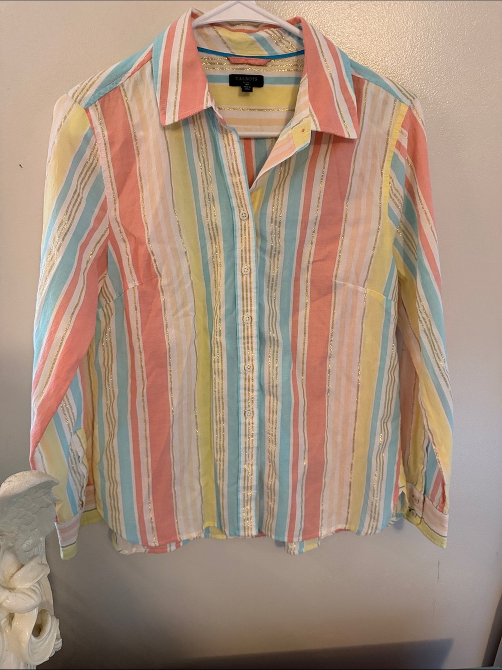 Talbots Pastel Coral, Aqua, Yellow and Cream Striped Button-Down Shirt